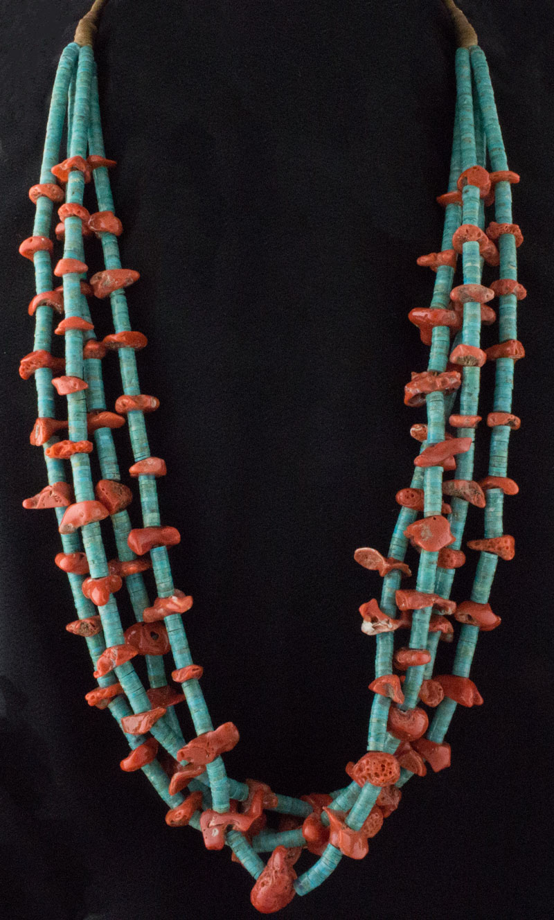 4-Strand Kingman Turquoise Heishi & Natural Mediterranean Coral Chip Necklace