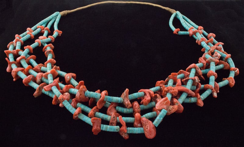 4-Strand Kingman Turquoise Heishi & Natural Mediterranean Coral Chip Necklace