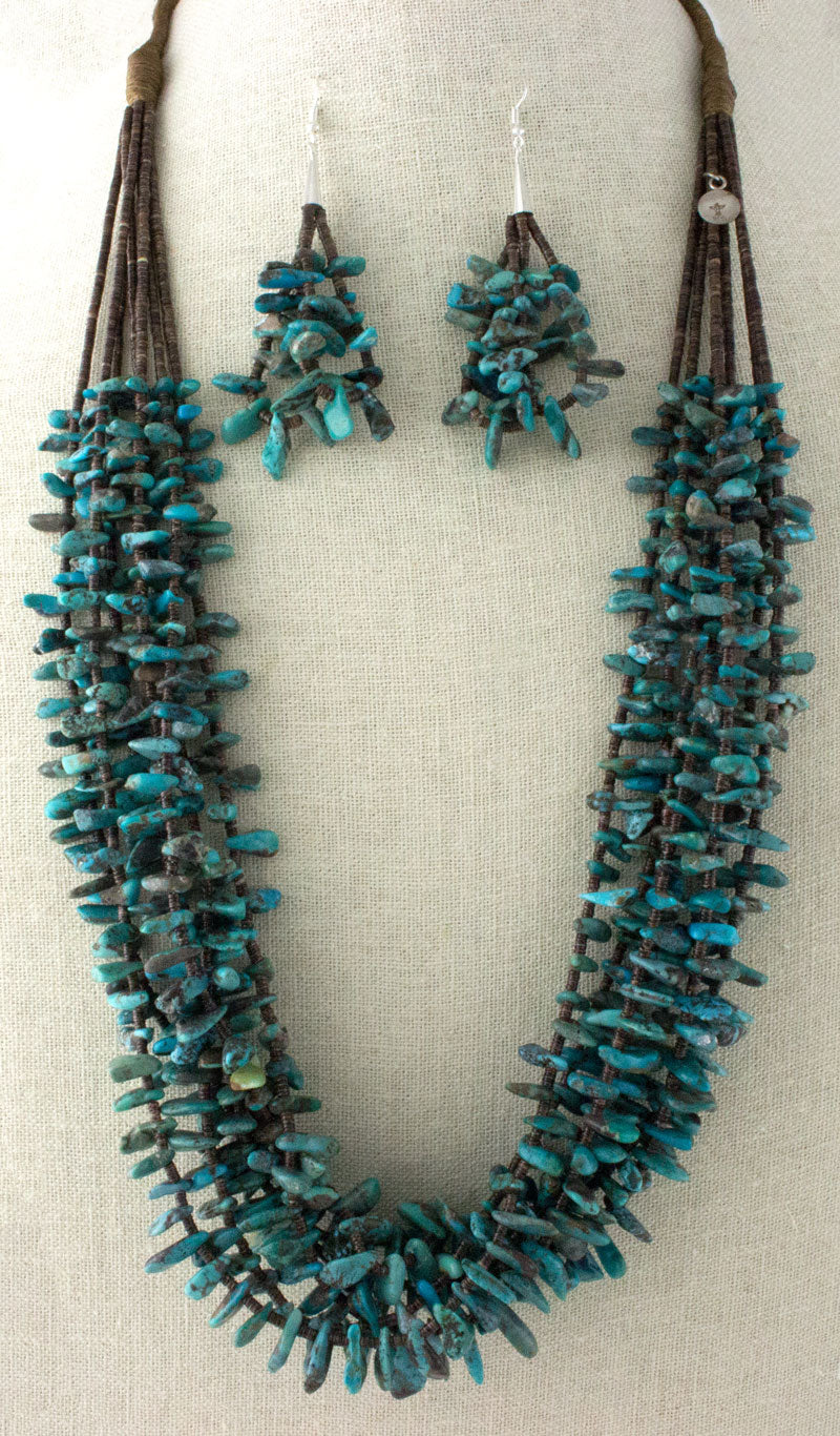 7-Strand Heishi Necklace With Natural Kingman Turquoise Chips And Matching Earrings