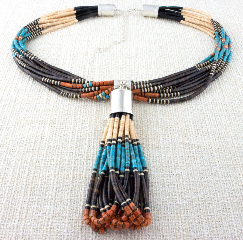 10-Strand Multi-Color Heishi Necklace With Matching 10 Heishi Jaclas Pendant