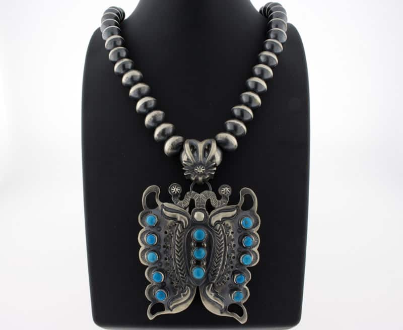 Handmade Sterling Silver Bead Necklace With Kingman Turquoise Butterfly Pendant