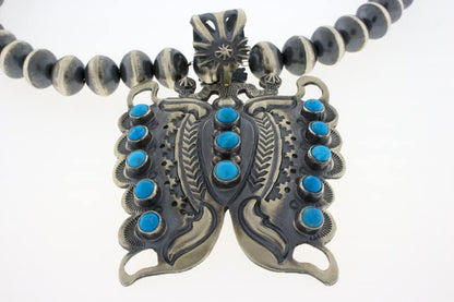 Handmade Sterling Silver Bead Necklace With Kingman Turquoise Butterfly Pendant