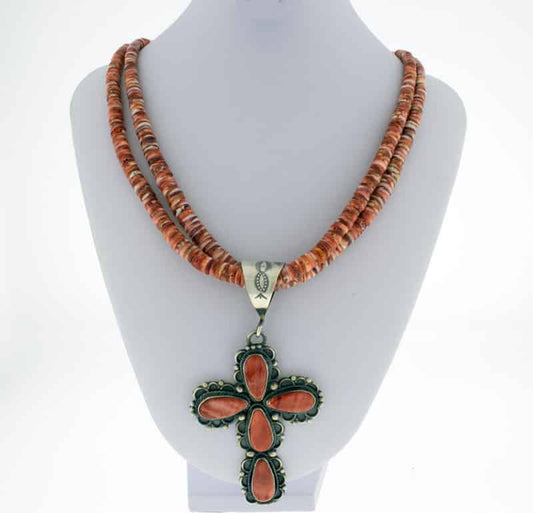 2-Strand Orange Spiny Oyster Cross Necklace