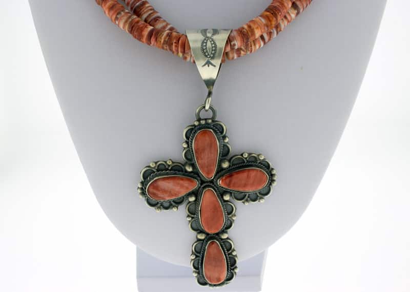 2-Strand Orange Spiny Oyster Cross Necklace