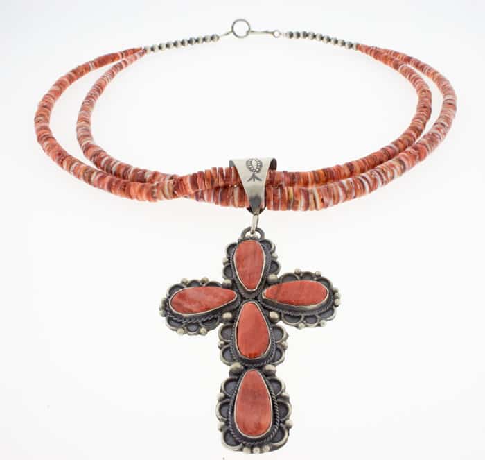 2-Strand Orange Spiny Oyster Cross Necklace