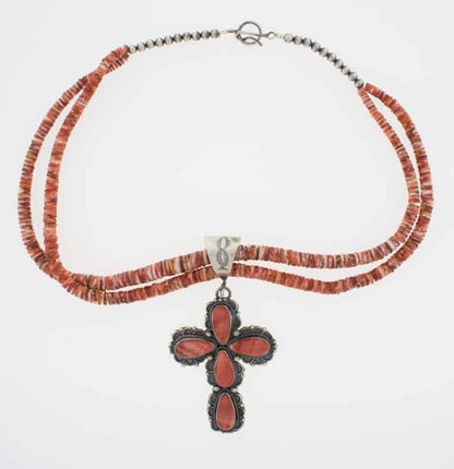 2-Strand Orange Spiny Oyster Cross Necklace