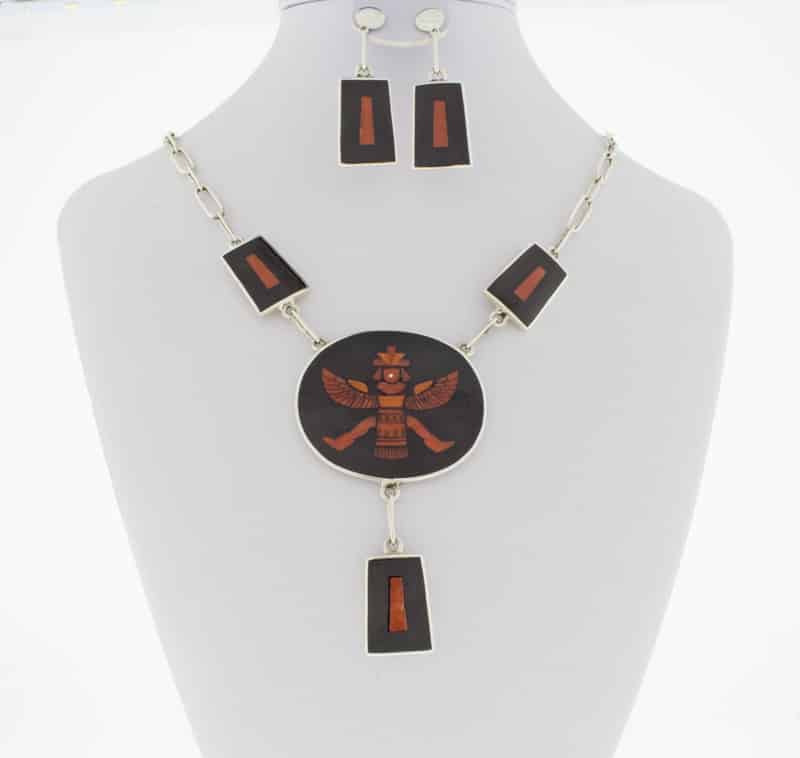 Handmade Jet & Coral  Inlay "Knife Wing Dancer" Necklace With Matching Earrings