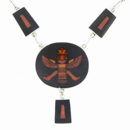 Handmade Jet & Coral  Inlay "Knife Wing Dancer" Necklace With Matching Earrings