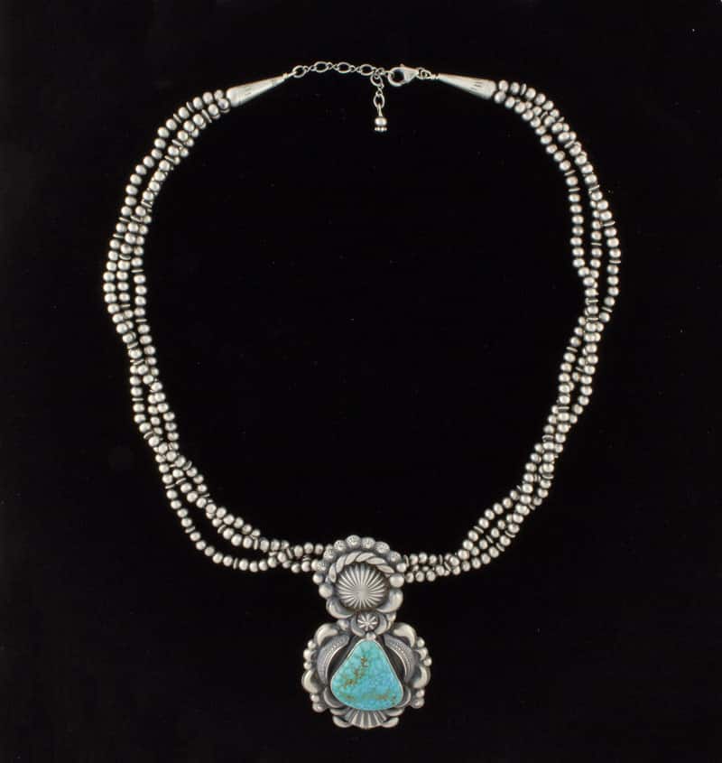 3-Strand Sterling Silver Bead Necklace With Natural Birdseye Kingman Turquoise Pendant