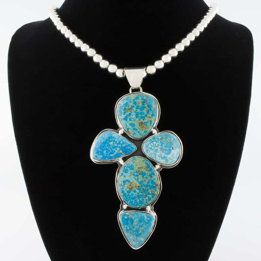 Sterling Silver Bead Necklace With Kingman Turquoise Cross Pendant