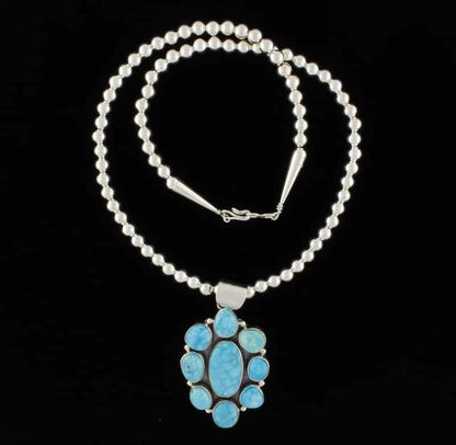 Sterling Silver Bead Necklace With Kingman Turquoise Cluster Pendant