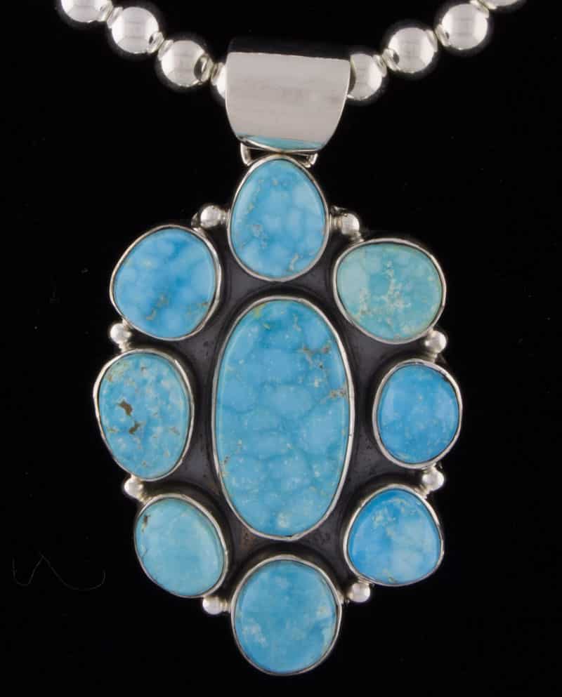 Sterling Silver Bead Necklace With Kingman Turquoise Cluster Pendant