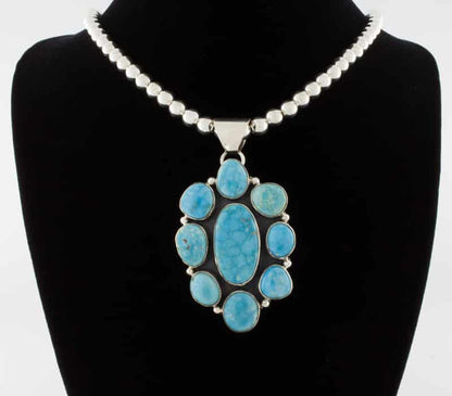 Sterling Silver Bead Necklace With Kingman Turquoise Cluster Pendant