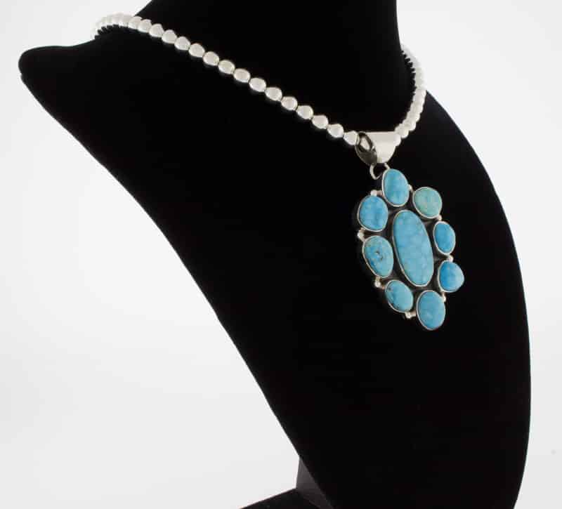 Sterling Silver Bead Necklace With Kingman Turquoise Cluster Pendant