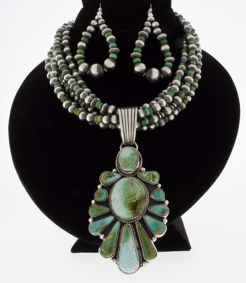 5-Strand Sterling Silver Bead & Turquoise Necklace With Matching Earrings And Natural Royston Turquoise Cluster Pendant