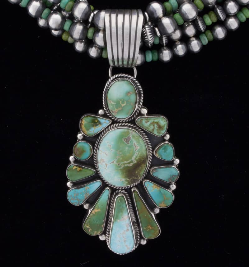 5-Strand Sterling Silver Bead & Turquoise Necklace With Matching Earrings And Natural Royston Turquoise Cluster Pendant