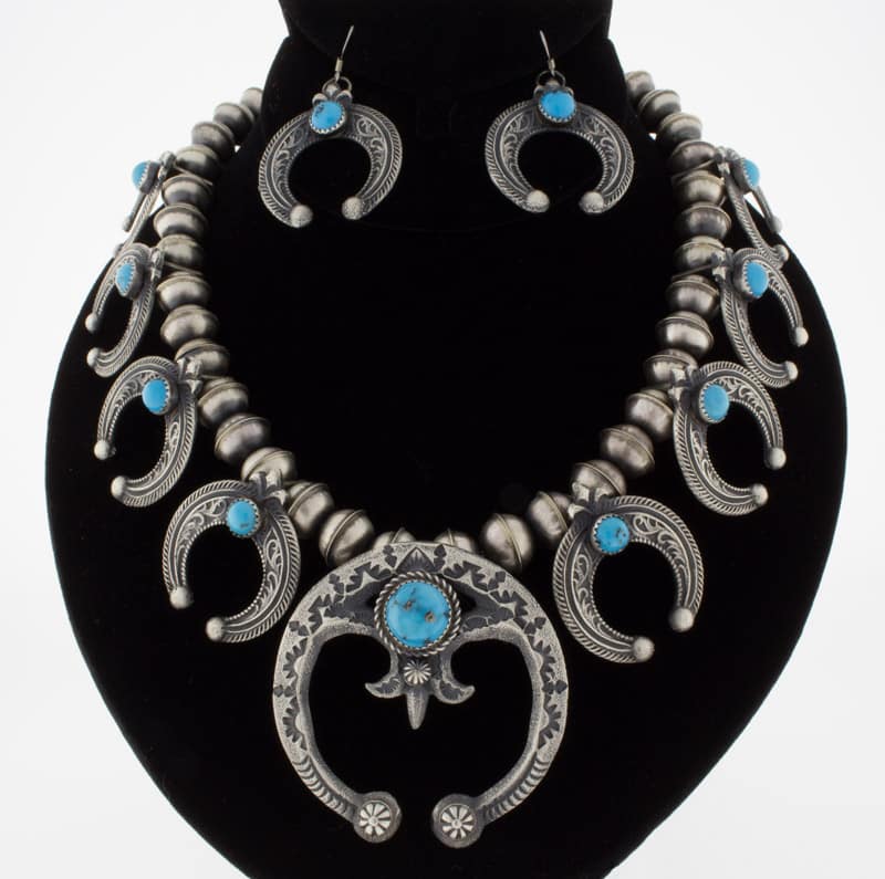 Kingman Turquoise Squash Blossom Necklace And Matching Earrings