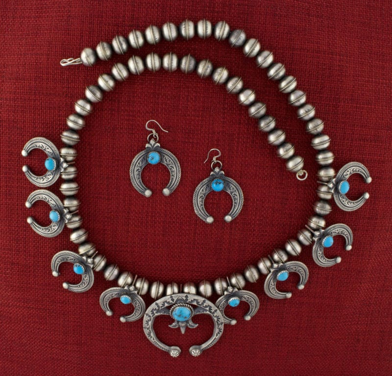 Kingman Turquoise Squash Blossom Necklace And Matching Earrings