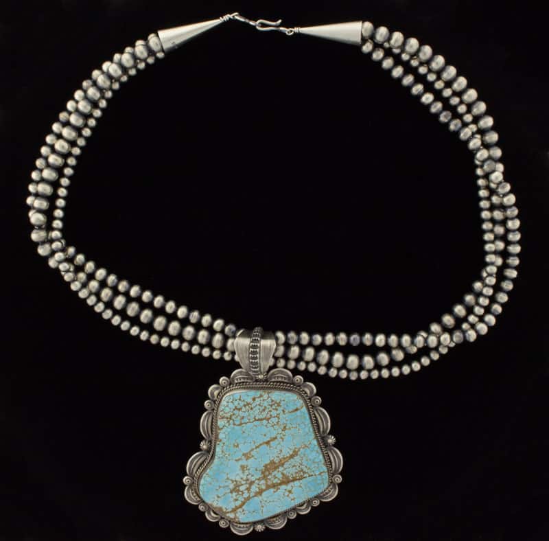 Handmade-3-Strand Sterling Silver Bead Necklace With High Grade Natural #8 Turquoise Pendant