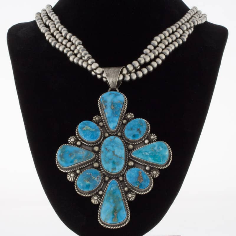 3-Strand Sterling Silver Bead Necklace With High Grade Natural Blue Ridge Turquoise Cluster Pendant