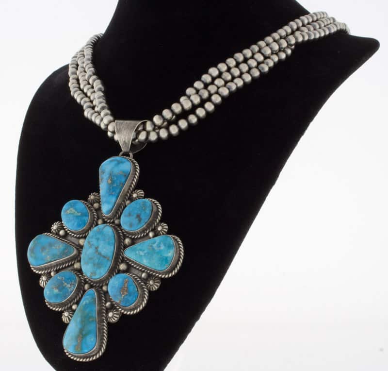 3-Strand Sterling Silver Bead Necklace With High Grade Natural Blue Ridge Turquoise Cluster Pendant