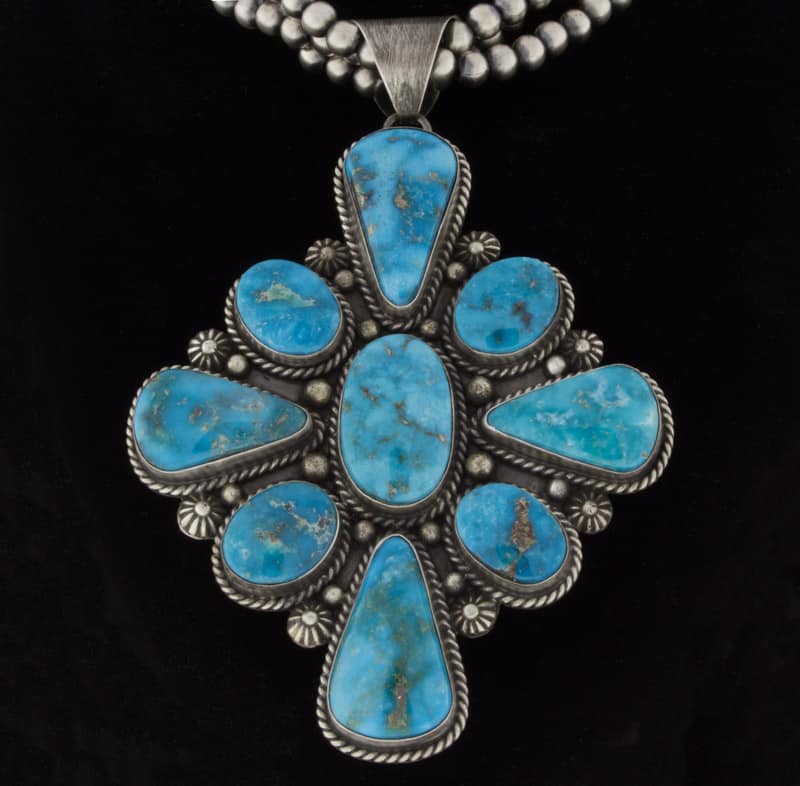 3-Strand Sterling Silver Bead Necklace With High Grade Natural Blue Ridge Turquoise Cluster Pendant