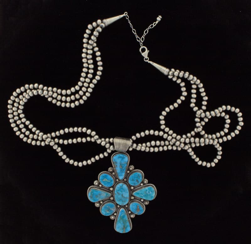 3-Strand Sterling Silver Bead Necklace With High Grade Natural Blue Ridge Turquoise Cluster Pendant