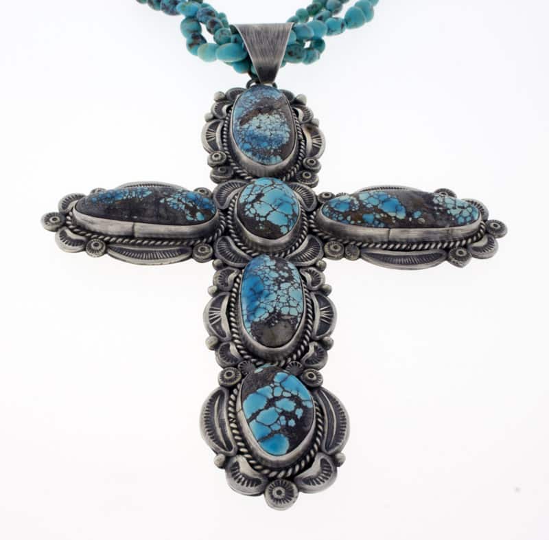 3-Strand Turquoise Bead & Olive Heishi Necklace With High Grade Natural Lone Mountain Turquoise Cross Pendant