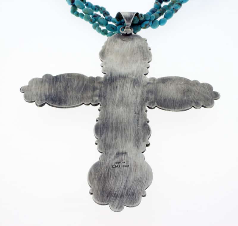 3-Strand Turquoise Bead & Olive Heishi Necklace With High Grade Natural Lone Mountain Turquoise Cross Pendant