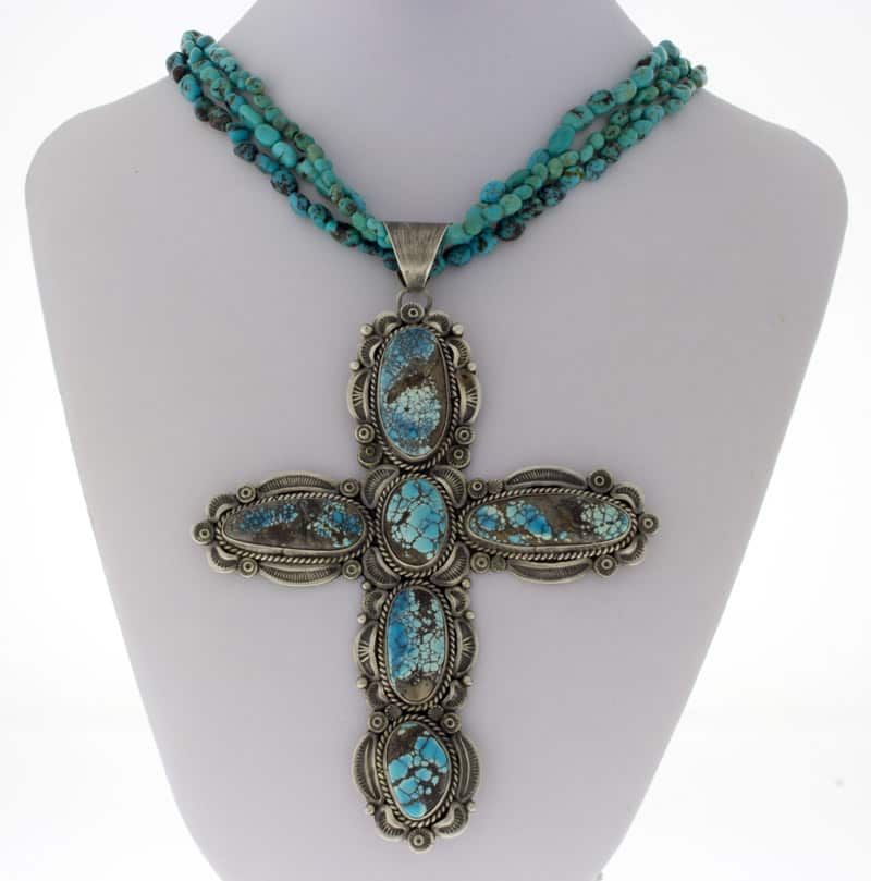 3-Strand Turquoise Bead & Olive Heishi Necklace With High Grade Natural Lone Mountain Turquoise Cross Pendant