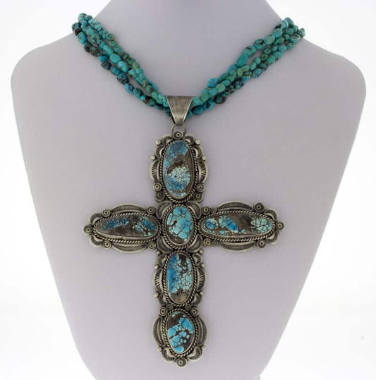 3-Strand Turquoise Bead & Olive Heishi Necklace With High Grade Natural Lone Mountain Turquoise Cross Pendant