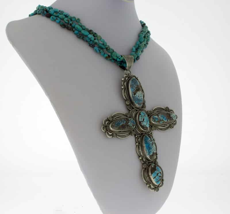 3-Strand Turquoise Bead & Olive Heishi Necklace With High Grade Natural Lone Mountain Turquoise Cross Pendant