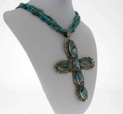 3-Strand Turquoise Bead & Olive Heishi Necklace With High Grade Natural Lone Mountain Turquoise Cross Pendant