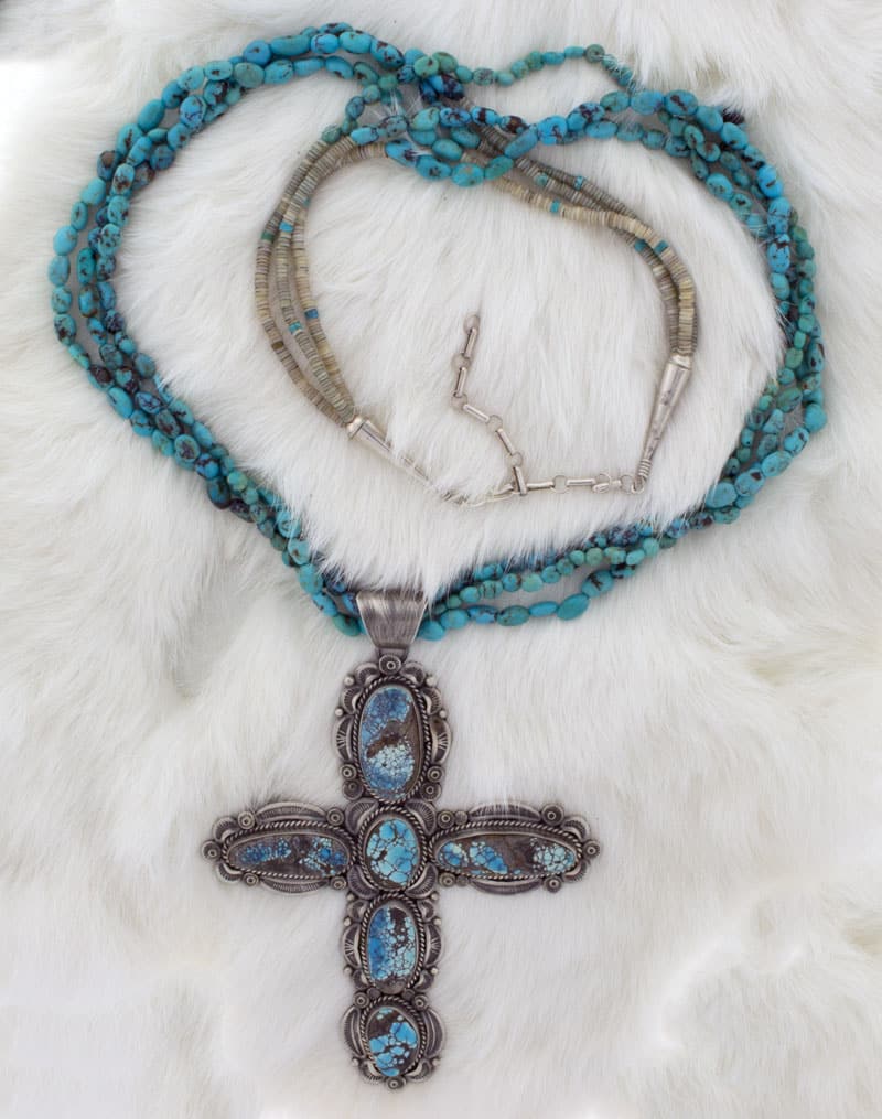 3-Strand Turquoise Bead & Olive Heishi Necklace With High Grade Natural Lone Mountain Turquoise Cross Pendant