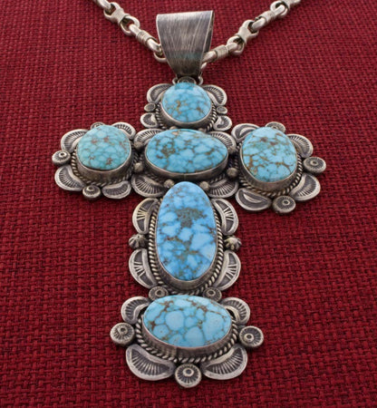 Handmade Sterling Silver Wire-Wrapped Link Chain Necklace With High Grade Natural Turquoise Mountain Turquoise Cross Pendant