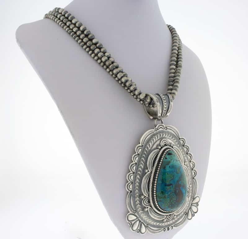 Handmade 3-Strand Sterling Silver Bead Necklace With A High Grade Natural Chrysocolla Pendant