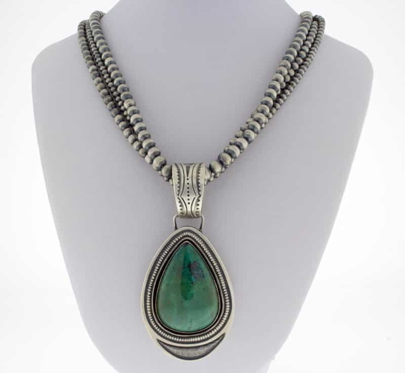 Handmade 3-Strand Sterling Silver Bead Necklace With Natural Chrysocolla Pendant