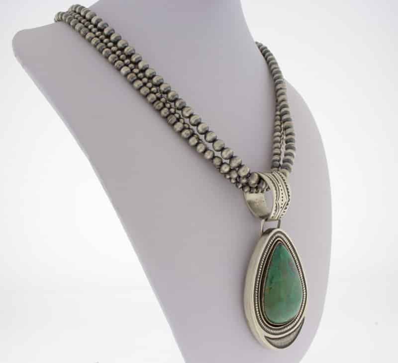 Handmade 3-Strand Sterling Silver Bead Necklace With Natural Chrysocolla Pendant