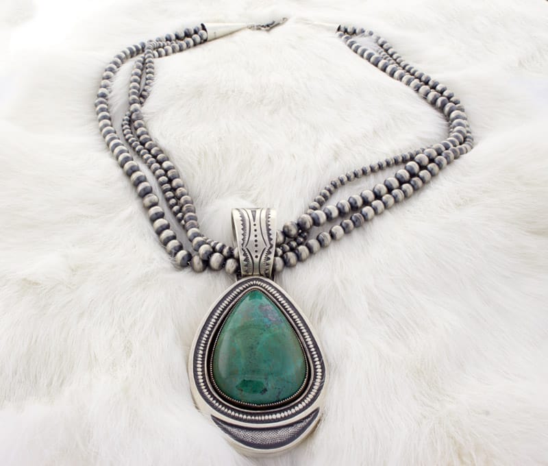 Handmade 3-Strand Sterling Silver Bead Necklace With Natural Chrysocolla Pendant