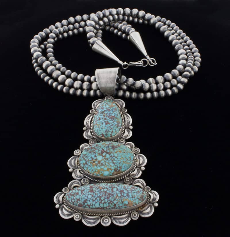 Handmade 3-Strand Sterling Silver Bead Necklace With A High Grade Natural Turquoise Mountain Turquoise Pendant