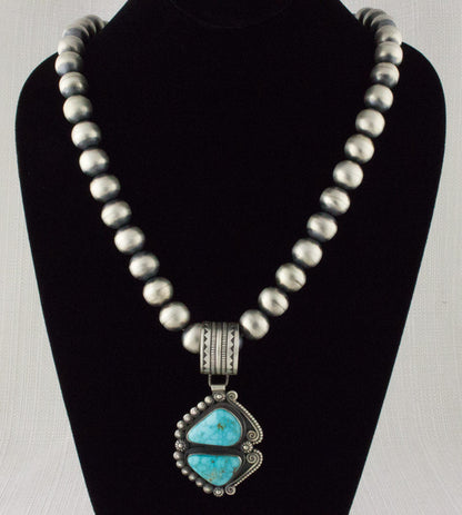 Handmade Sterling Silver Bead Necklace With A Natural Kingman Water Web Turquoise Pendant