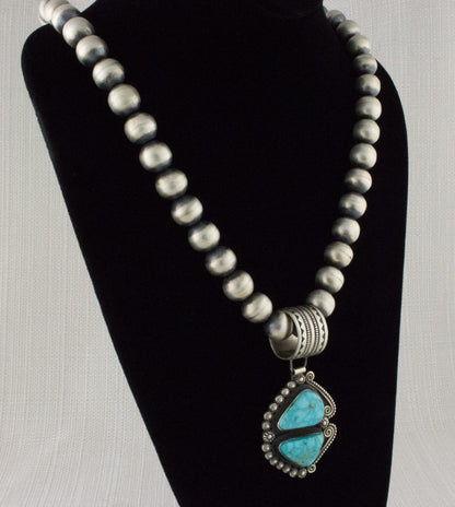 Handmade Sterling Silver Bead Necklace With A Natural Kingman Water Web Turquoise Pendant