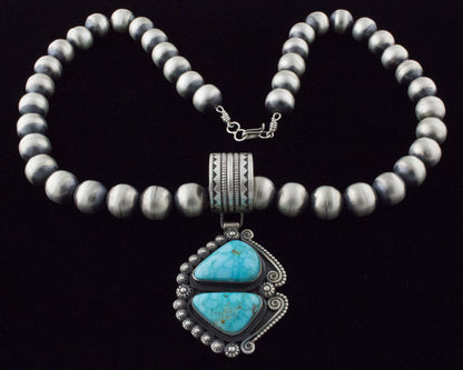 Handmade Sterling Silver Bead Necklace With A Natural Kingman Water Web Turquoise Pendant