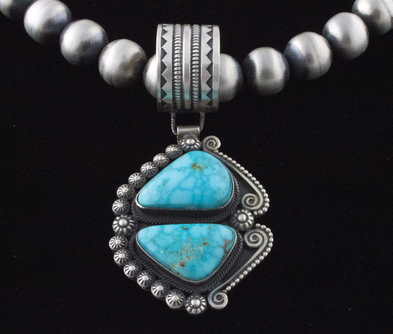 Handmade Sterling Silver Bead Necklace With A Natural Kingman Water Web Turquoise Pendant