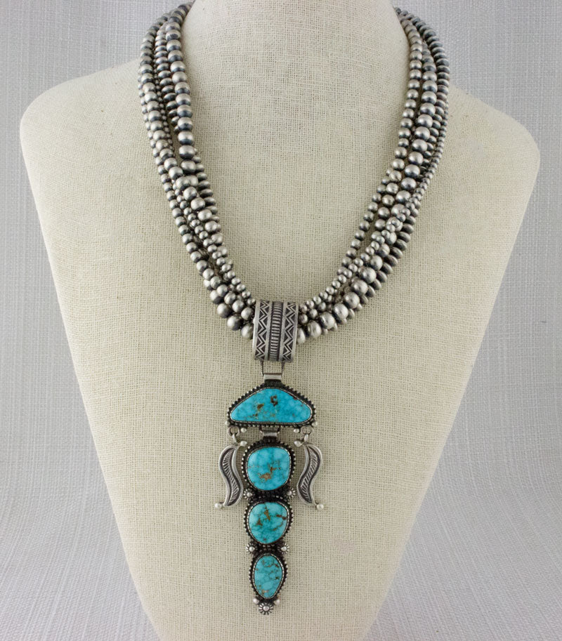 Handmade 5-Strand Sterling Silver Bead Necklace With Natural Kingman Water Web Turquoise Pendant