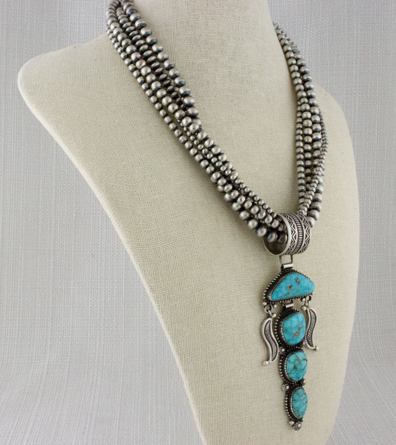 Handmade 5-Strand Sterling Silver Bead Necklace With Natural Kingman Water Web Turquoise Pendant