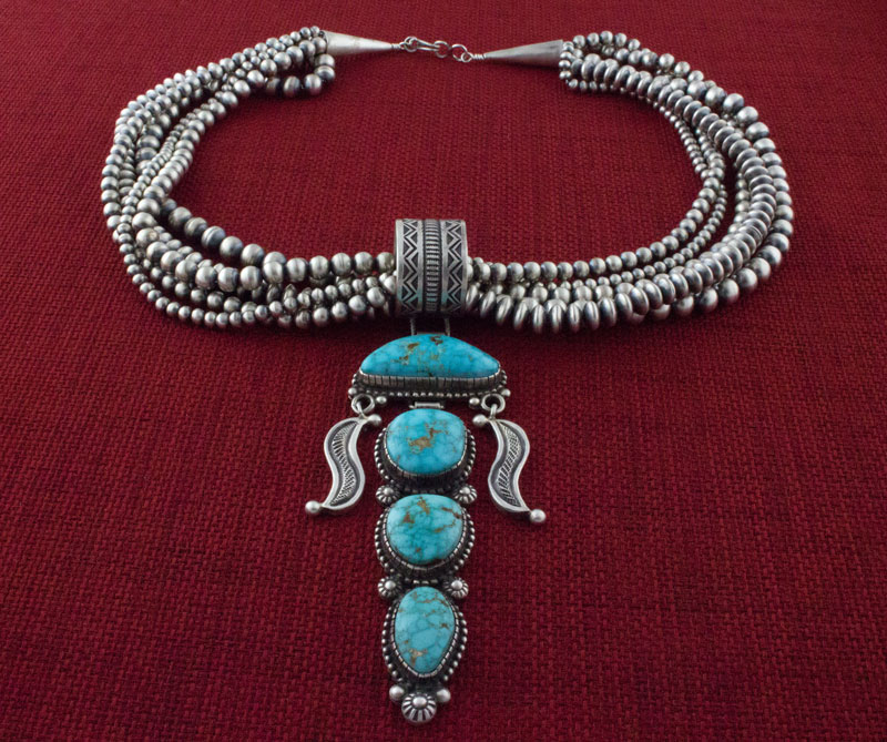 Handmade 5-Strand Sterling Silver Bead Necklace With Natural Kingman Water Web Turquoise Pendant