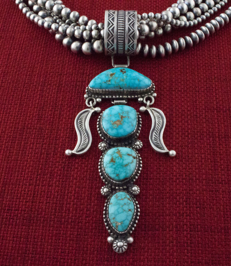 Handmade 5-Strand Sterling Silver Bead Necklace With Natural Kingman Water Web Turquoise Pendant