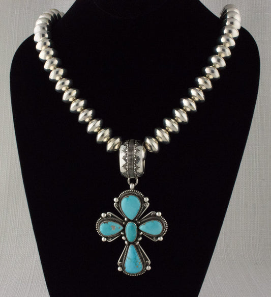 Handmade Sterling Silver Bead Necklace With High Grade Natural Royal Blue Turquoise Cross Pendant