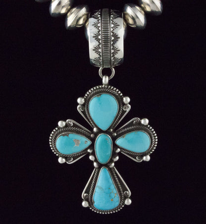 Handmade Sterling Silver Bead Necklace With High Grade Natural Royal Blue Turquoise Cross Pendant